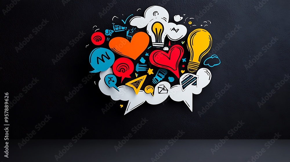 Poster dreamy thought bubble filled with colorful abstract shapes - fantasy and visualization concept with 