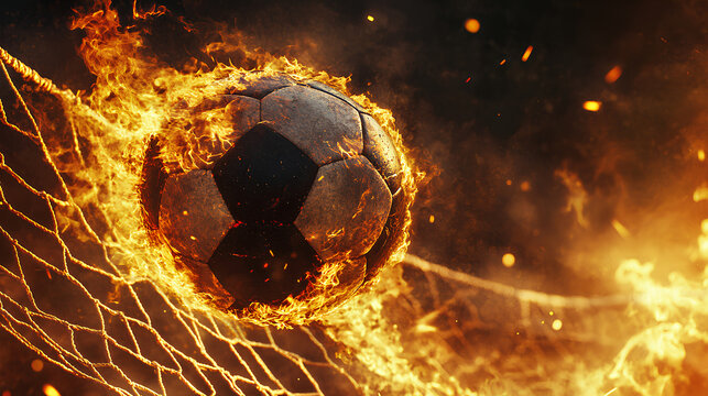 Fiery Soccer Ball In Goal With Net In Flames