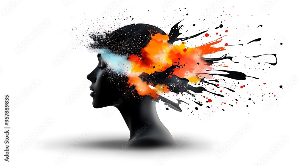Poster infinite imagination - doodle style art of person's head with universe of ideas exploding, visualiza