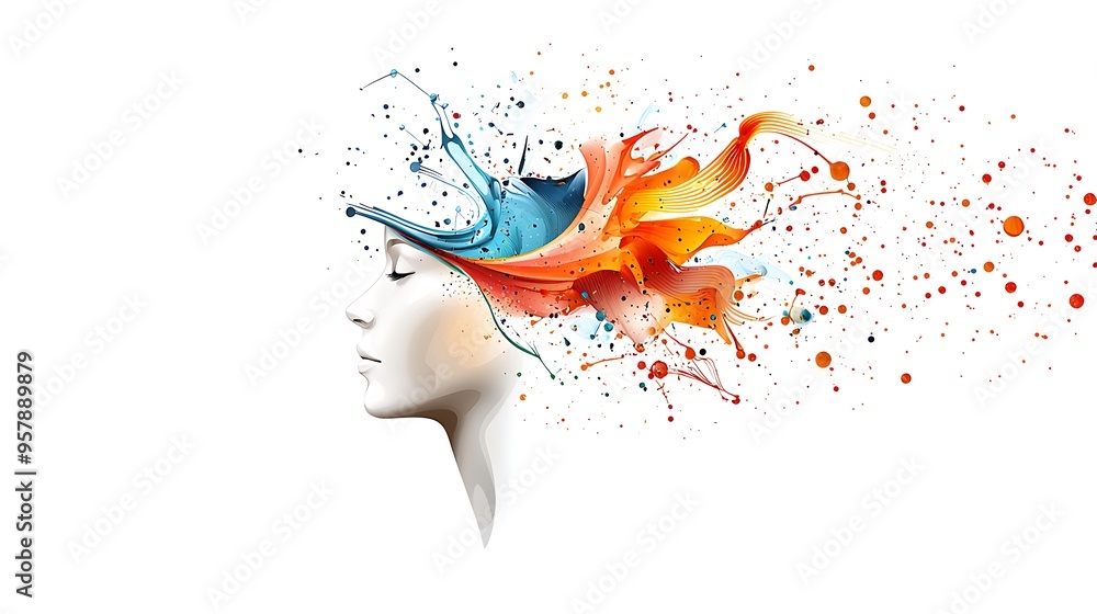 Aufkleber bursting creativity - color pencil style drawing of a head infused with abstract colorful ideas spar