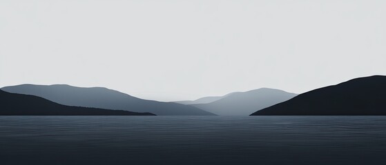 Flat design of serene lake with soft gradient sky and distant mountains in muted tones