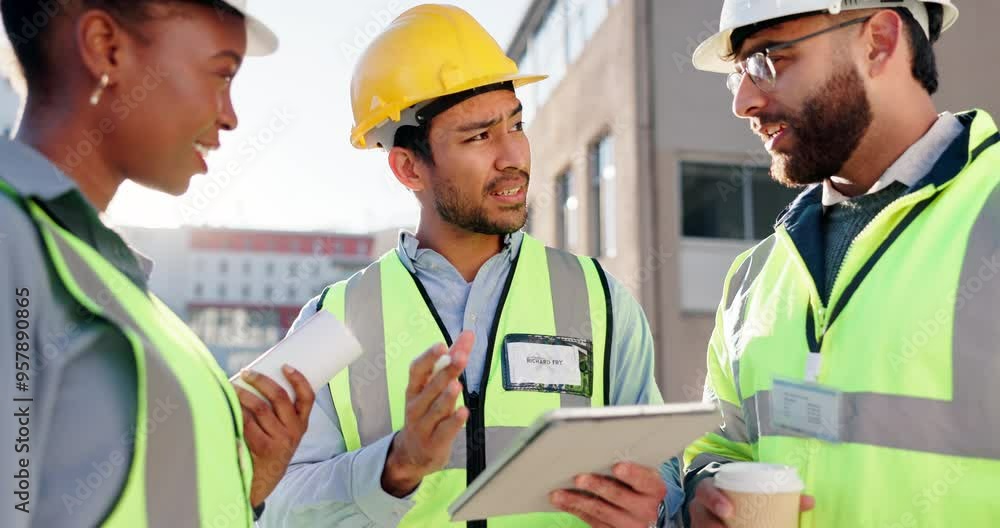 Aufkleber contractor, tablet and teamwork with group of people in city for project management, digital bluepri