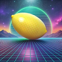 A vibrant 3D illustration of a lemon in a retro futuristic landscape.