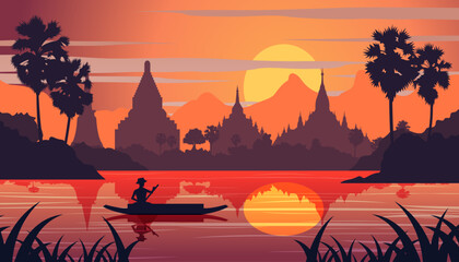 sunset landscape and Buddha Thai temple with a rowing boat around with tree.countryside of east lifestyle.vector illustration