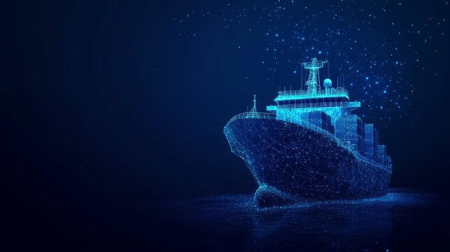 Abstract low poly 3d cargo ship isolated in dark blue background. Container ships, transportation, logistics or international shipping concept. Digital vector mesh illustration looks like starry sky