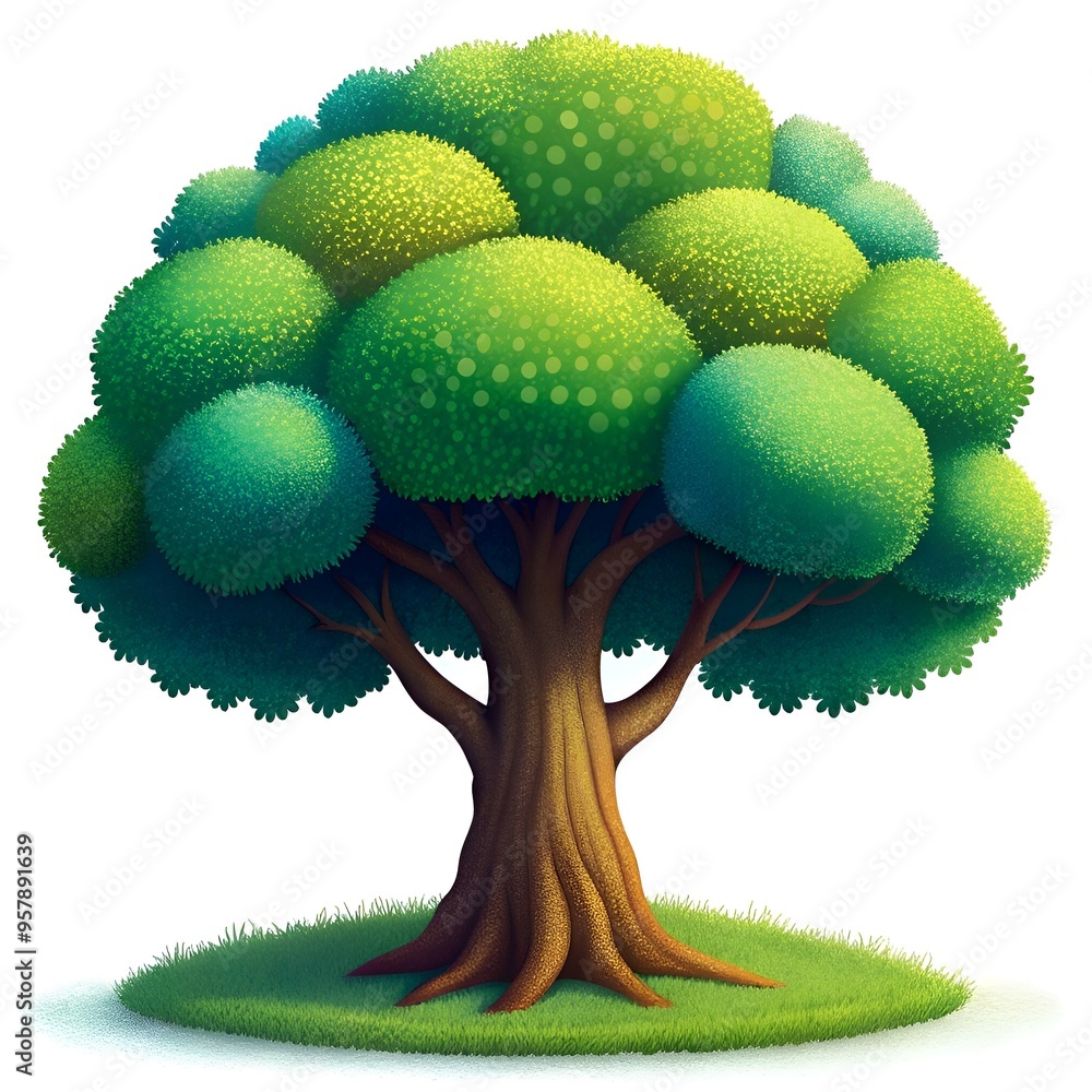 Poster a charming 3d illustration of a cartoon style hackberry tree with a bushy canopy and a thick trunk. 