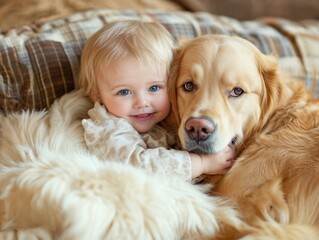 A young child cuddling with a golden retriever on a cozy couch, radiating warmth and comfort in a serene home setting that captures the bond between a child and a pet.