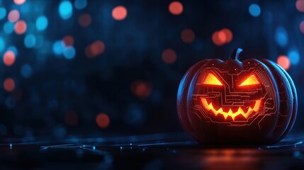 Futuristic Pumpkin Cybernetic Carving in Neonlit Glitchy Sci-Fi World with Copy Space, Selective Focus.