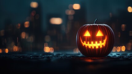 Spooky Jackolantern Hologram in Urban Eerie Ambiance with Copy Space for Text, Selective Focus, Ultra HD