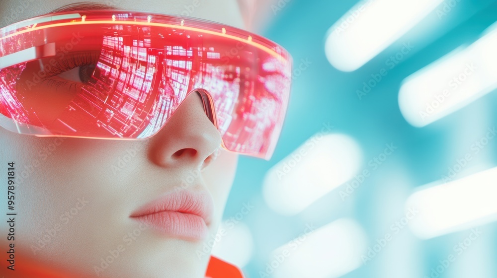 Poster a worker using augmented reality glasses to inspect a production line, demonstrating the use of cutt