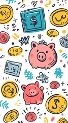 Fototapeta premium Fun and Cheerful Financial Freedom Pattern with Doodled Banknotes, Coins, and Piggy Banks