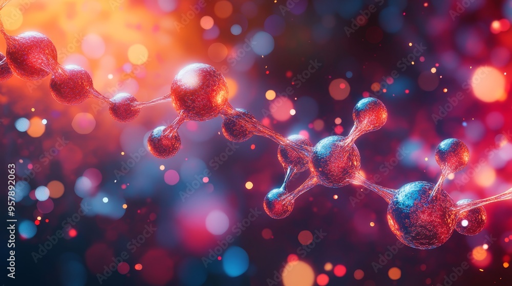 Poster abstract red and blue molecular structure with bokeh background
