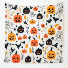 Boho Halloween ornament set, Colorful Halloween pattern featuring pumpkins, bats, and spider webs on a white background, for festive decor. Collection on white background 
