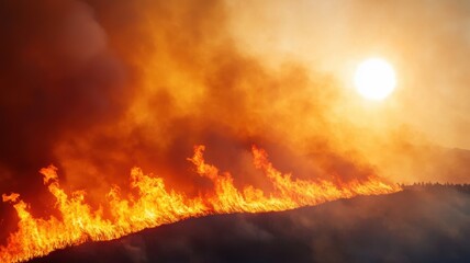 Naklejka premium Nature's fury as a blazing wildfire consumes a hillside, with flames racing upward and smoke obscuring the sun, emphasizing the destructive power of fire