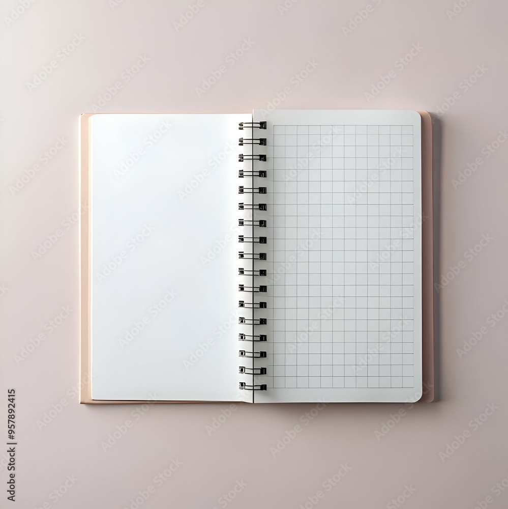 Poster a clean and simple image of an open spiral bound notebook with a blank page and a page with a grid p