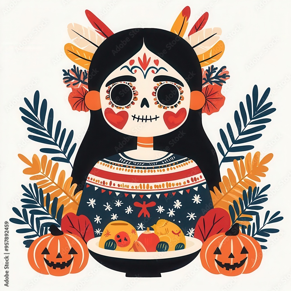 Wall mural Watercolor ฺฺBoho Halloween ornament set, Colorful illustration of a woman with skull makeup, surrounded by pumpkins, plants, and festive elements for celebration. Collection on white background 