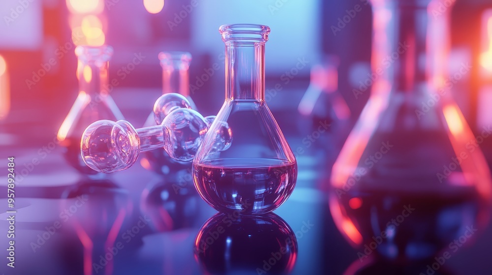 Poster glass flasks with red liquid in a laboratory setting