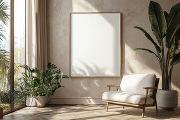Poster Frame in Beige minimalist living room interior created with generative AI