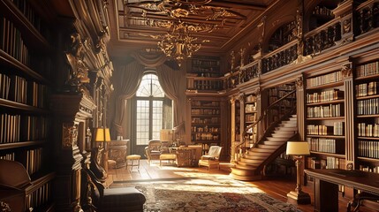 Spacious dark wood home office in classic style with large library and sofa. 3D rendering