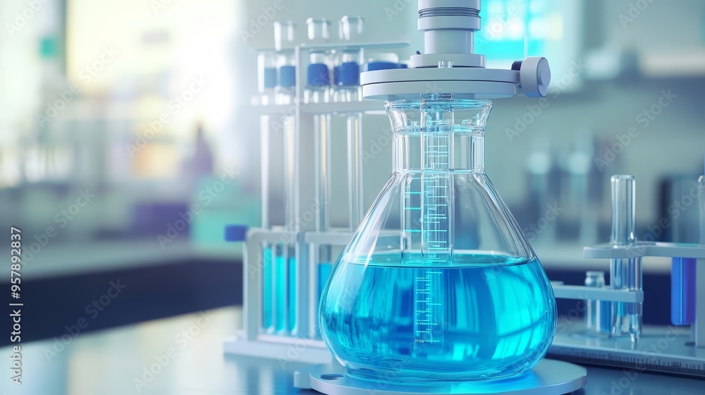 Poster blue liquid in round bottom flask laboratory experiment science research