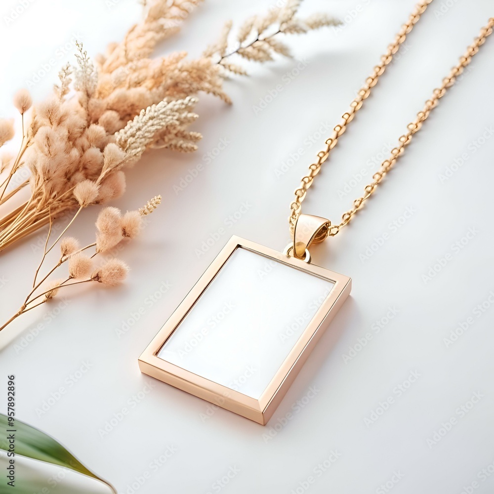 Poster elegant gold pendant necklace with a blank white rectangular frame. perfect for adding your own desi