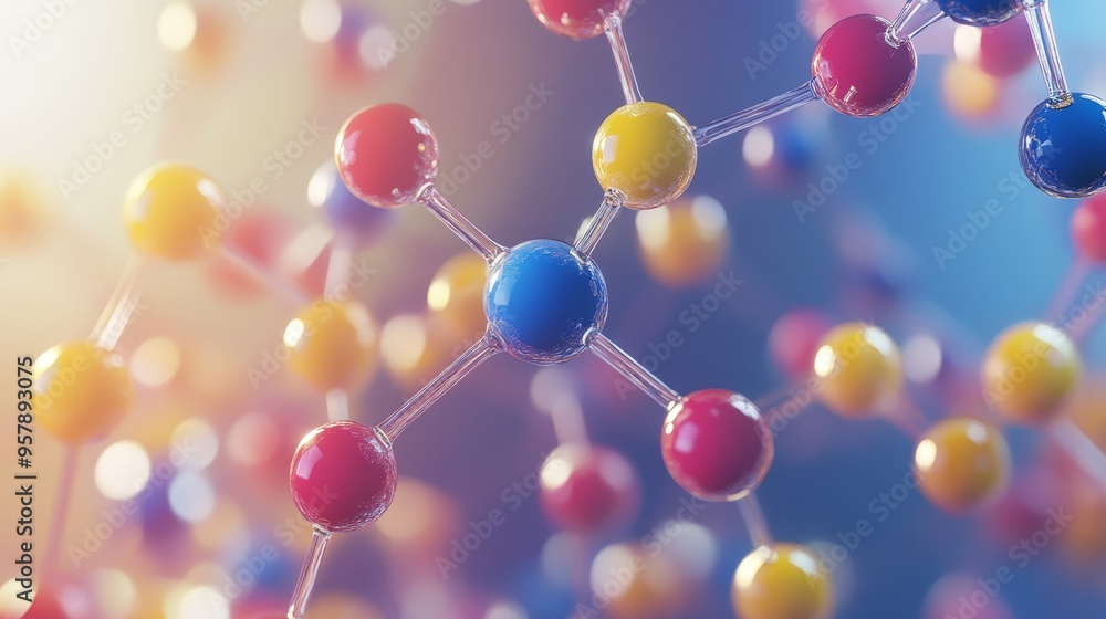 Aufkleber abstract molecular structure with colorful spheres and blurred background