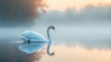 Fototapeta premium A serene white swan gliding across a calm, misty lake at dawn, with reflections on the water