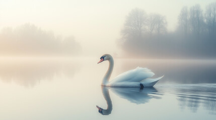 Obraz premium A serene white swan gliding across a calm, misty lake at dawn, with reflections on the water