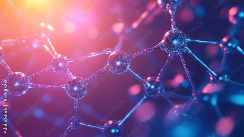 Poster abstract d molecular structure with neon lights and bokeh background