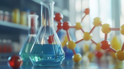 Science Experiment with Blue Liquid in Erlenmeyer Flask and Molecular Model