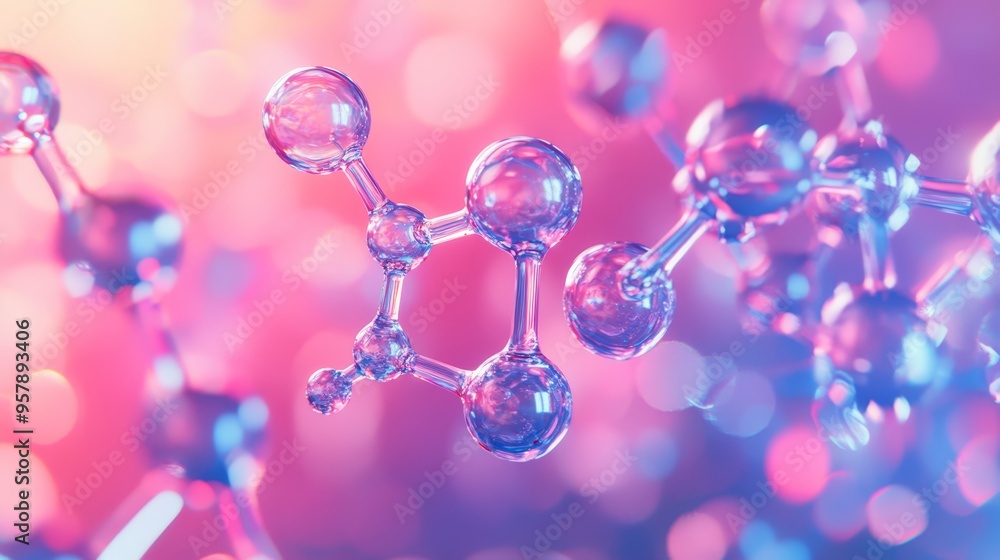Poster abstract molecular structure with pink and blue bokeh background