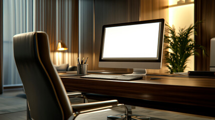 Fototapeta premium Luxury Executive Office With Desktop Displaying White Screen Mockup For Customizable Corporate Services . Generative ai