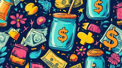 Fototapeta premium Financial Freedom Design with Bright Doodles of Savings Jars, Investment Icons, and Cheerful Dollar Bills