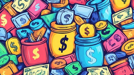 Fototapeta premium Financial Freedom Design with Bright Doodles of Savings Jars, Investment Icons, and Cheerful Dollar Bills