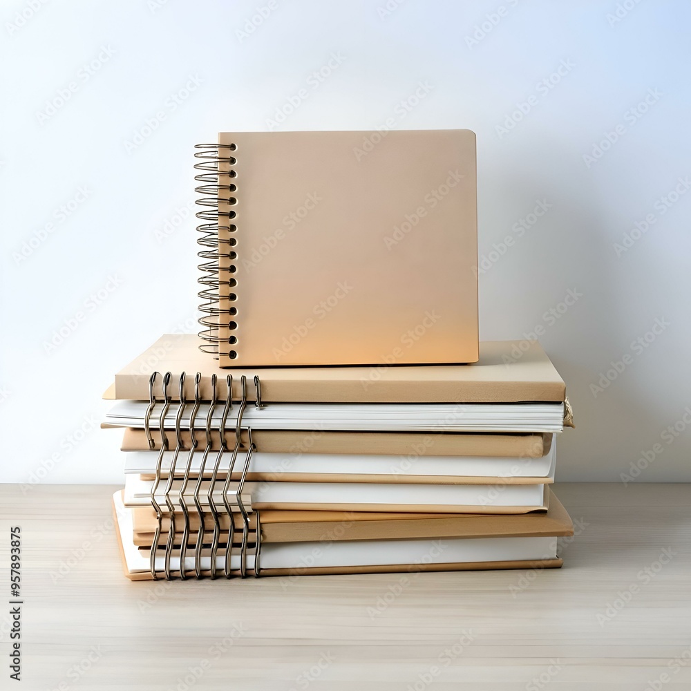 Poster a stack of notebooks on a light wood table. with a brown notebook on top featuring a spiral binding.