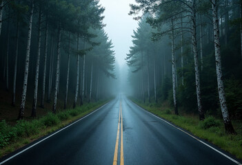 Fototapeta premium Long winding road through a misty forest with tall, dark trees, wet and reflective from recent rain, moody atmosphere.