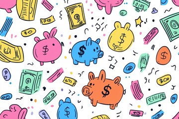 Bright and Colorful Pattern Representing Financial Independence with Doodled Cash, Piggy Banks, and Savings Goals
