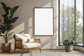 Poster Frame in Beige minimalist living room interior created with generative AI