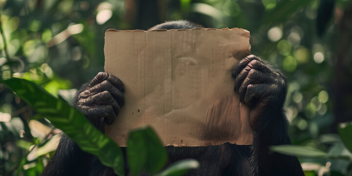 a chimpanzee monkey holding empty poster placard in forest jungle background