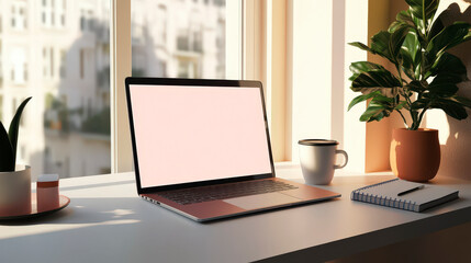 Fototapeta premium Modern Office Desk Setup With Laptop Showing White Screen Mockup For Customizable Business Presentations . Generative ai