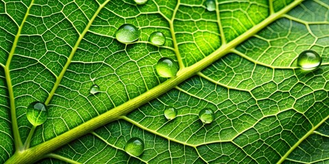 Obraz premium Close-up of a vibrant green leaf texture with visible veins and water droplets