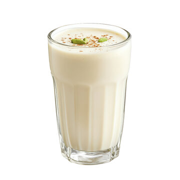 Refreshing glass of lassi with cardamom and nutmeg spices, garnished with pistachios and served in a tall glass.