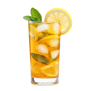 Refreshing iced tea with lemon slices, ice cubes, and mint leaves in a tall glass, perfect for a cool summer drink.