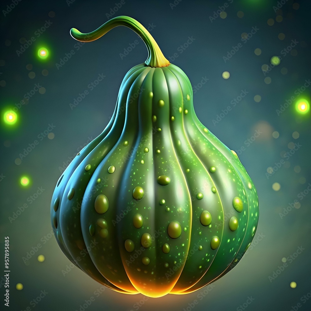 Poster a vibrant. green gourd with a bumpy texture. illuminated from below with a soft. golden glow.