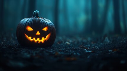 Twisted Pumpkin Glowing in Eerie Forest at Night with Copy Space, Selective Focus - Ultra HD