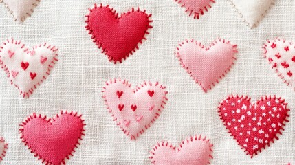 Red and Pink Patchwork Hearts on White Fabric