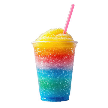 Vibrant rainbow-colored slushie in a clear plastic cup with a pink straw, covered in sugar crystals, on a white background.