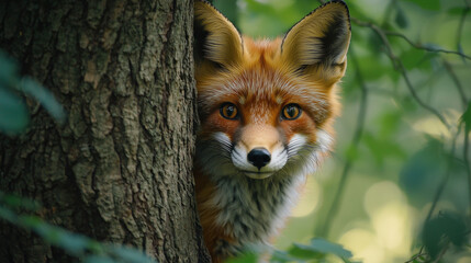 Fototapeta premium A curious fox peeking out from behind a forest tree, with its bright orange fur