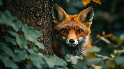 Fototapeta premium A curious fox peeking out from behind a forest tree, with its bright orange fur