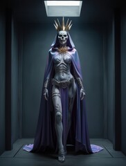 full body establishing shot of a ultraviolet opalescent cloaked undead warrior, wearing a golden spiky crown, platinum accessories adorned, in an enclosed dark chamber, post apocalyptic, horror core